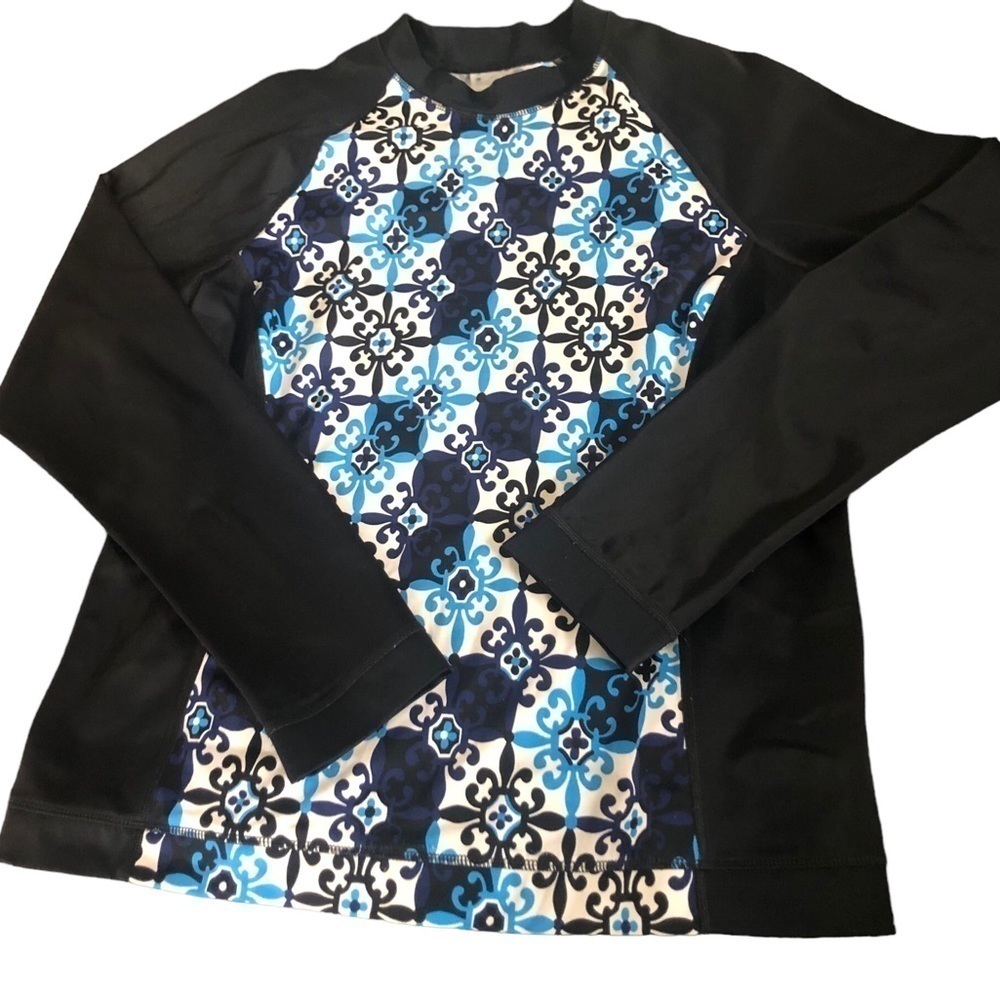 Lands End Rash Guard Sz. M 10/12 Fitted Long Sleeve Black Blue Printed High Neck